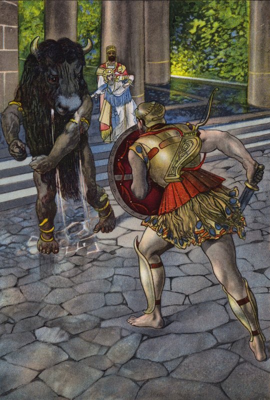 Heracles die de Minotaurus confronteert door Artus Scheiner