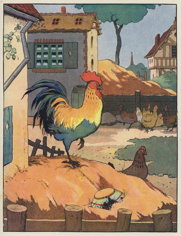 Haan en kippen in een boerenerf door Benjamin Rabier