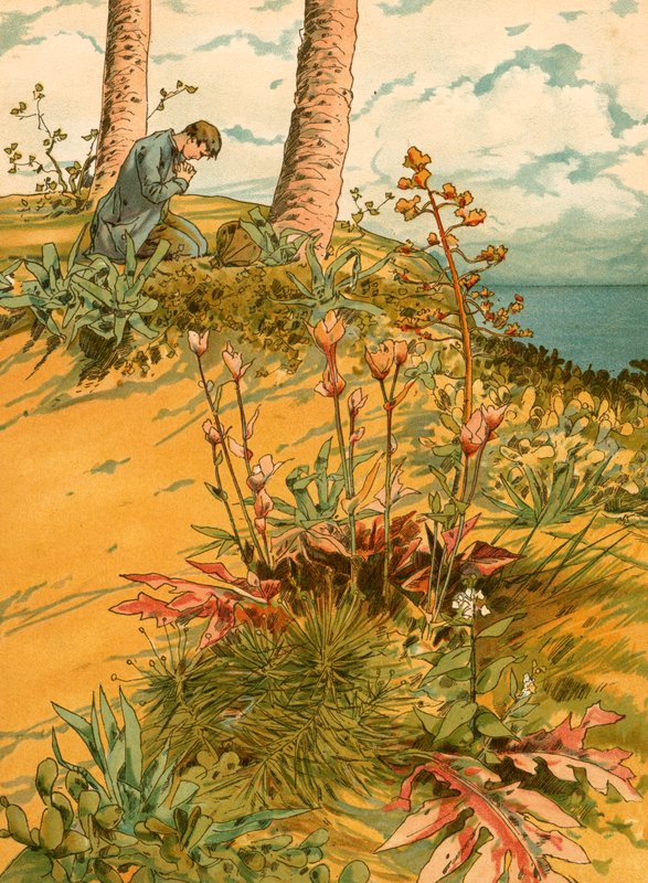 Robinson Crusoe in gebed in zijn 