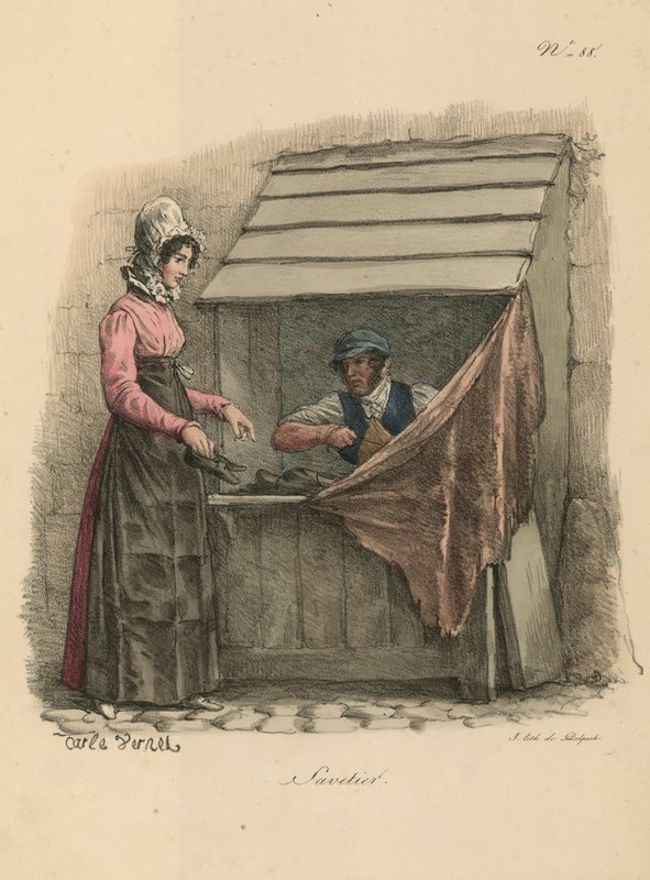 Schoenmaker zittend achter een kraam door Carle Vernet