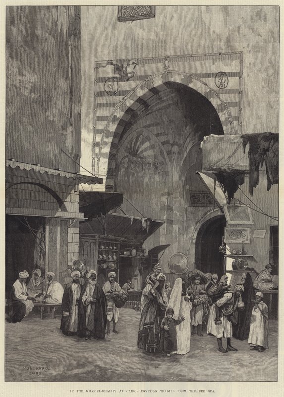 In de Khan el-Khalily in Caïro, Egyptische Handelaren van de Rode Zee door Charles Auguste Loye