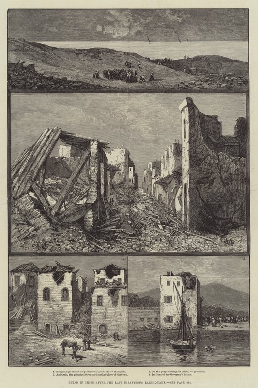Ruïnes in Chios na de recente rampzalige aardbeving door Charles Auguste Loye