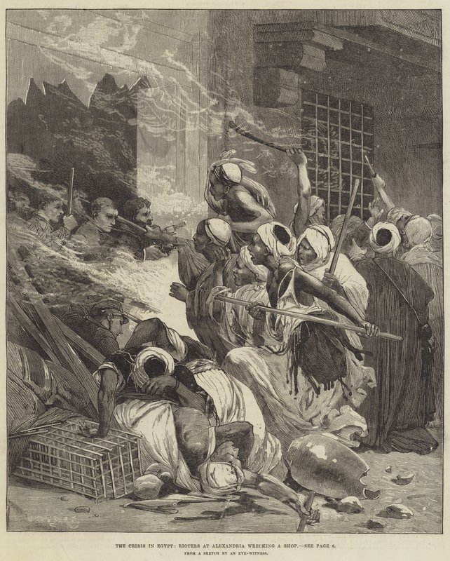De crisis in Egypte, relschoppers in Alexandrië vernielen een winkel door Charles Auguste Loye