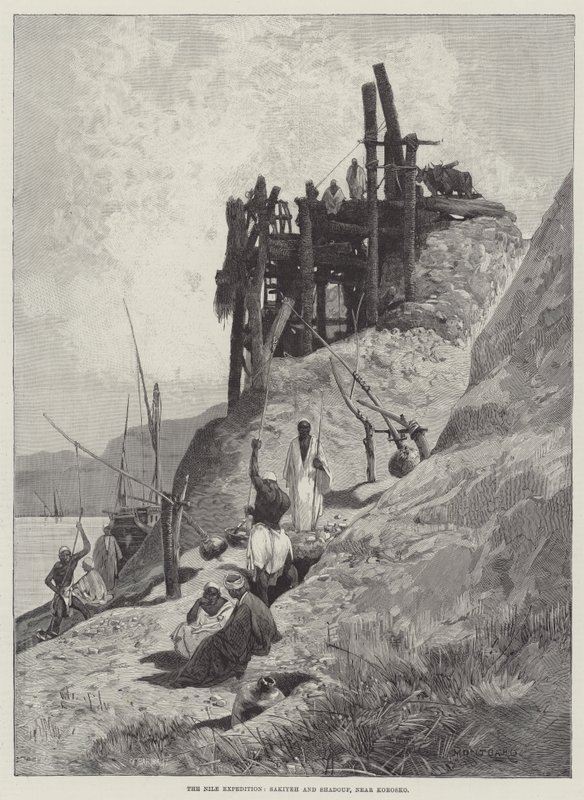 De Nijl Expeditie, Sakiyeh en Shadouf, nabij Korosko door Charles Auguste Loye