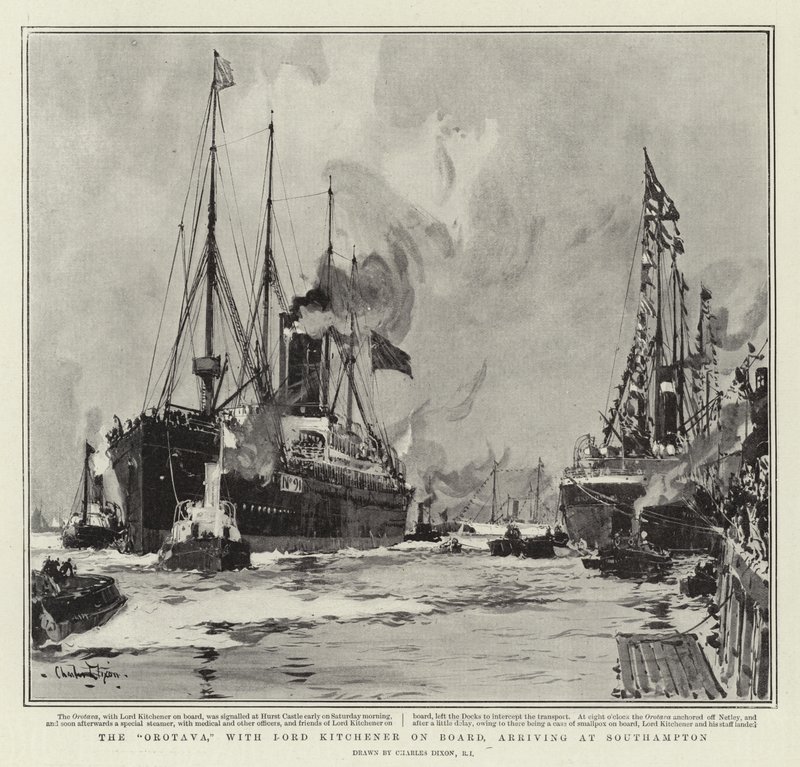 De Orotava, met Lord Kitchener aan Boord, aankomend in Southampton door Charles Edward Dixon