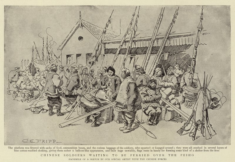 Chinese Soldaten wachten om over de Peiho te worden overgezet door Charles Edwin Fripp