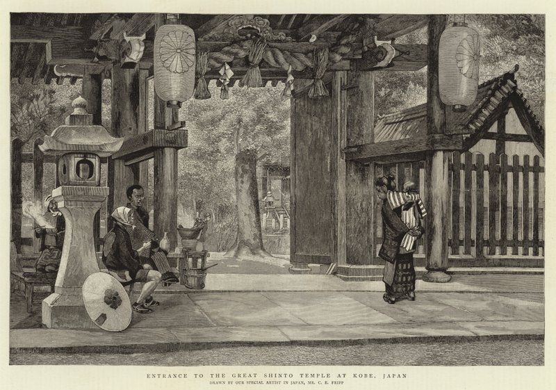 Ingang van de Grote Shinto-tempel in Kobe, Japan door Charles Edwin Fripp