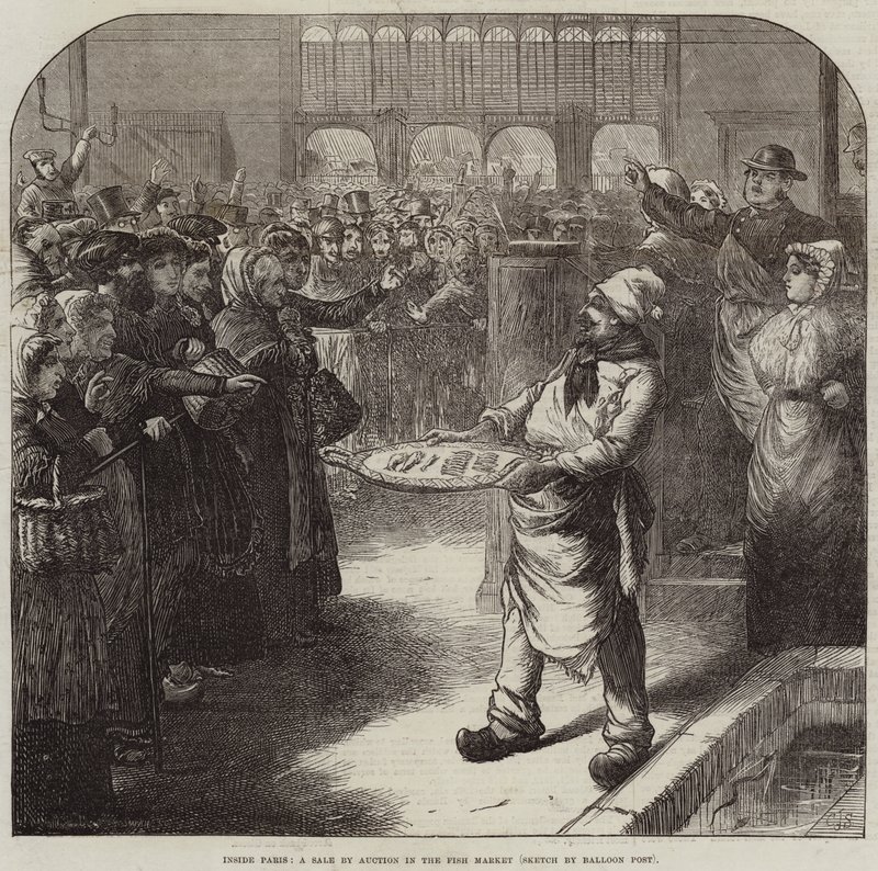 Binnen Parijs, een Veiling in de Vismarkt door Charles J. Staniland