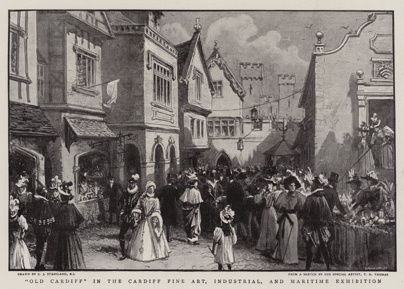 Oud Cardiff in de Cardiff Fine Art, Industrial, and Maritime Exhibition door Charles J. Staniland