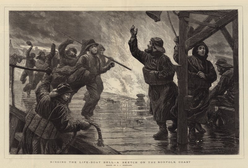 Het luiden van de reddingsbootbel, een schets aan de kust van Norfolk door Charles J. Staniland