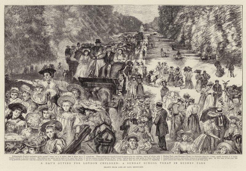 Een dagje uit voor Londense kinderen, een zondagsschooluitje in Bushey Park door Charles Paul Renouard