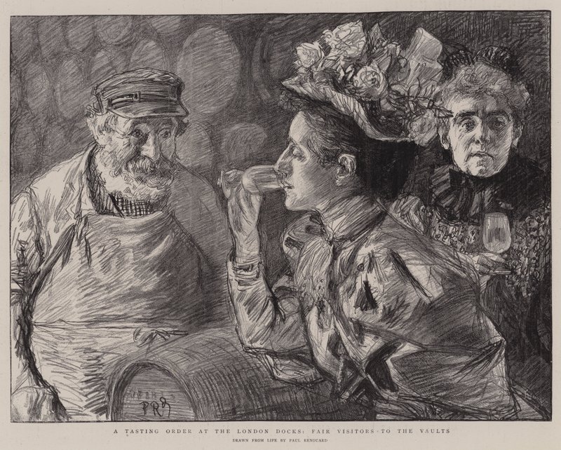 Een proefbestelling in de Londense dokken, eerlijke bezoekers van de kelders door Charles Paul Renouard