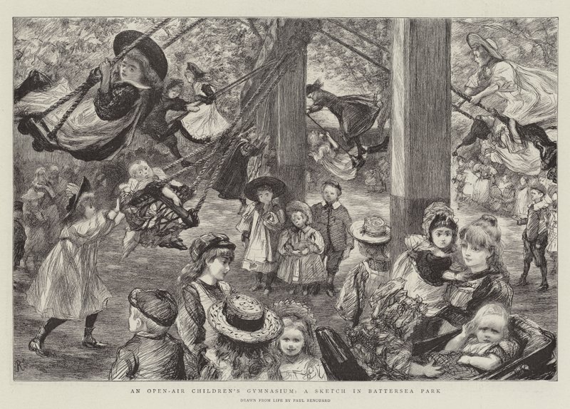 Een openluchtgymnasium voor kinderen, een schets in Battersea Park door Charles Paul Renouard