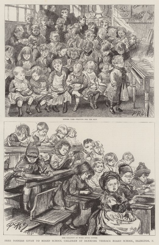 Gratis diners gegeven aan Board School-kinderen in Denmark Terrace Board School, Islington door Charles Paul Renouard