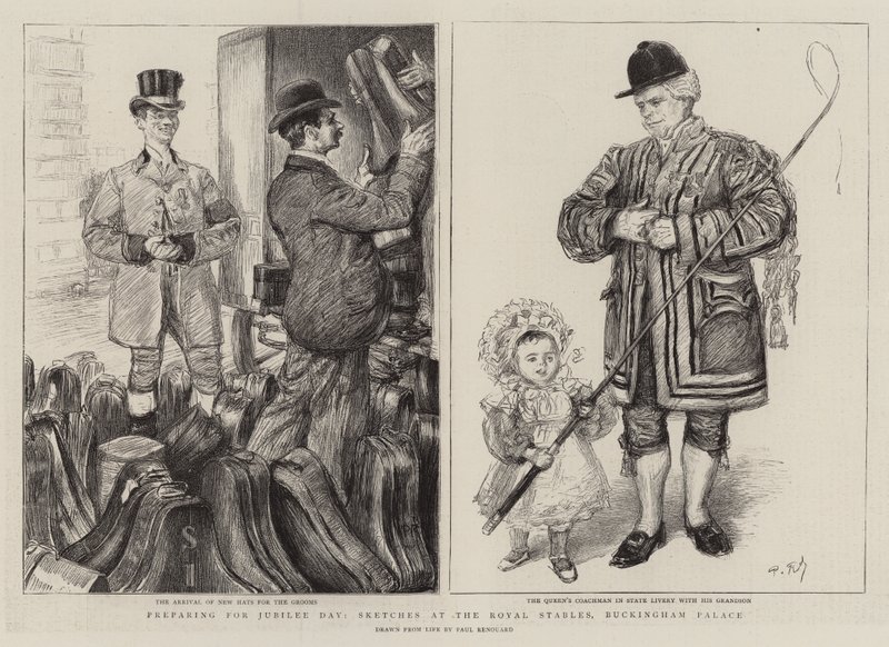 Voorbereidingen voor Jubileumdag, schetsen bij de Koninklijke Stallen, Buckingham Palace door Charles Paul Renouard