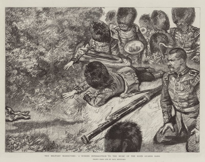 De Militaire Manoeuvres, een Plotselinge Onderbreking van de Muziek van de Scots Guards Band door Charles Paul Renouard