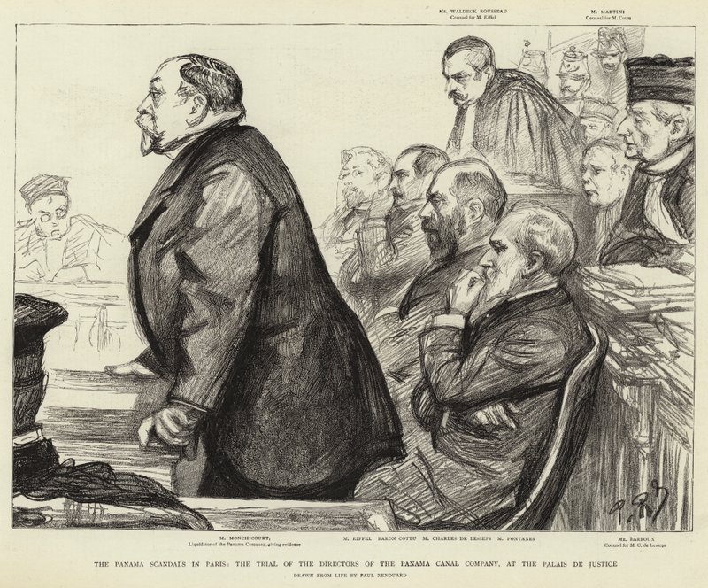 De Panama Schandalen in Parijs, het Proces van de Directeuren van de Panama Kanaal Maatschappij, in het Palais de Justice door Charles Paul Renouard