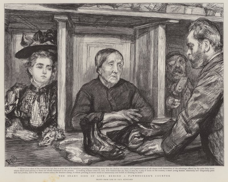 De schaduwzijde van het leven, achter de toonbank van een pandjeshuis door Charles Paul Renouard