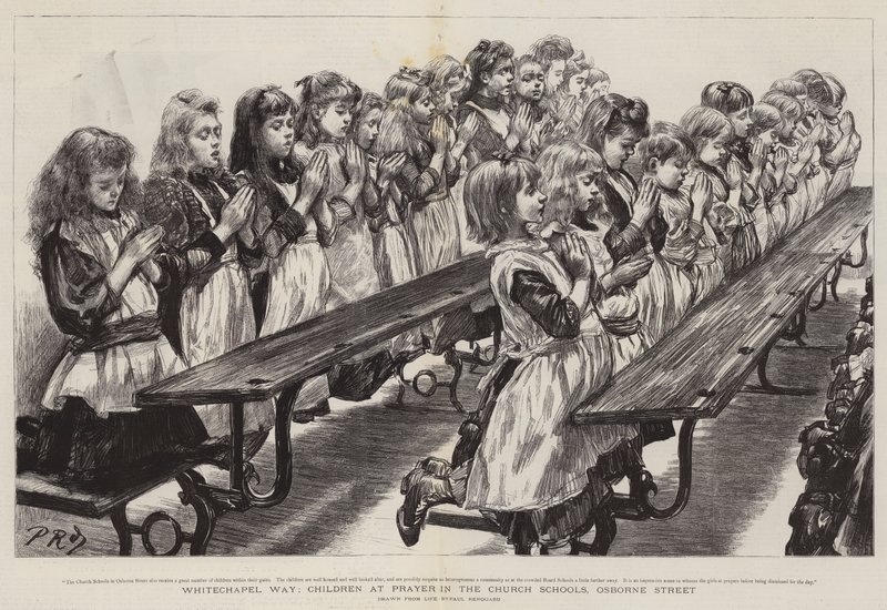 Whitechapel Way, kinderen in gebed in de kerkscholen, Osborne Street door Charles Paul Renouard