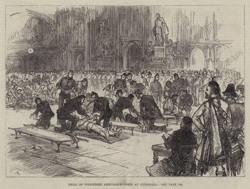 Oefening van de vrijwillige ambulancekorpsen in Guildhall door Sir John Charles Robinson