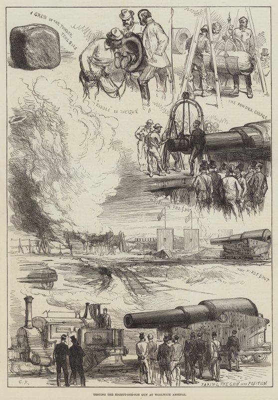 Testen van het Eenentachtig-Ton Kanon bij Woolwich Arsenal door Sir John Charles Robinson
