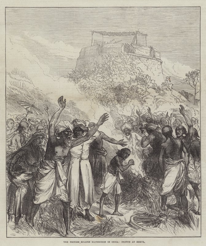 De Britse Eclipse-expeditie in India, schets bij Bekul door Sir John Charles Robinson