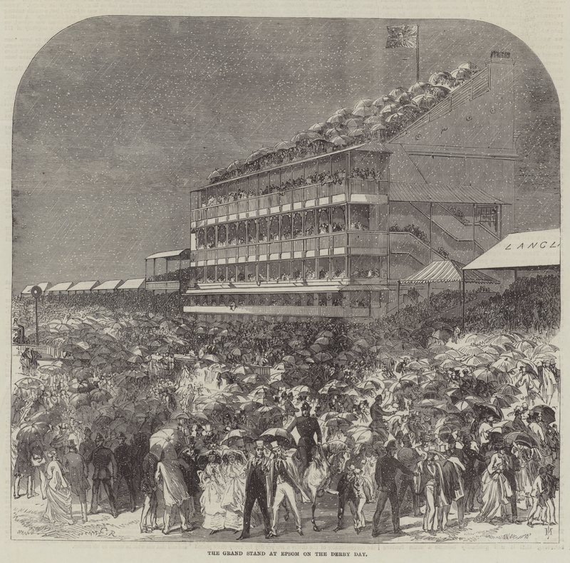 De hoofdtribune in Epsom op Derby Day door Sir John Charles Robinson