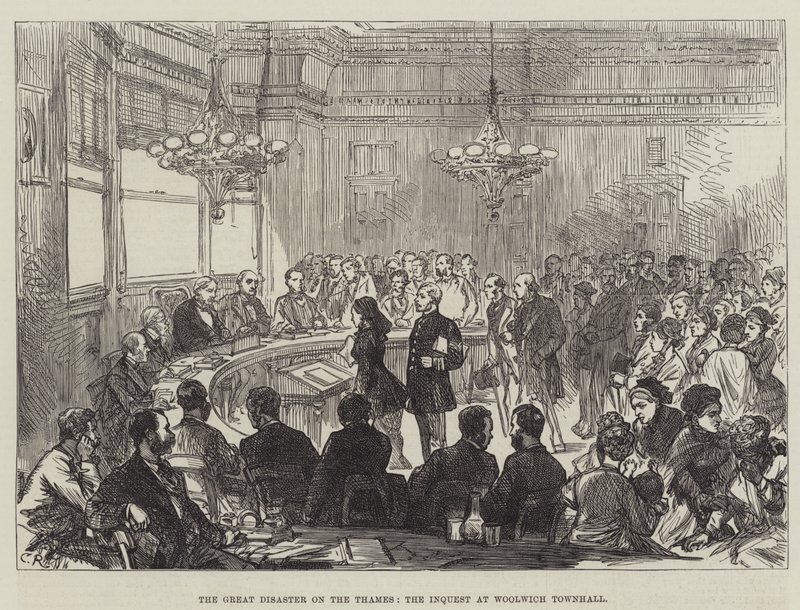 De grote ramp op de Theems, het onderzoek in het stadhuis van Woolwich door Sir John Charles Robinson