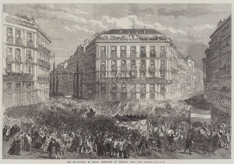 De Revolutie in Spanje, Binnenkomst van Generaal Prim in Madrid door Sir John Charles Robinson