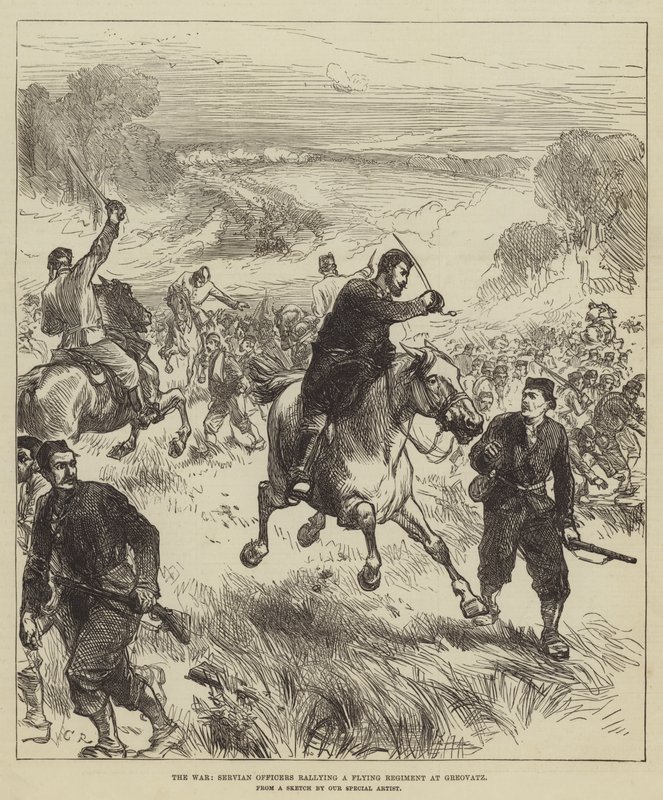 De oorlog, Servische officieren verzamelen een vluchtend regiment bij Greovatz door Sir John Charles Robinson