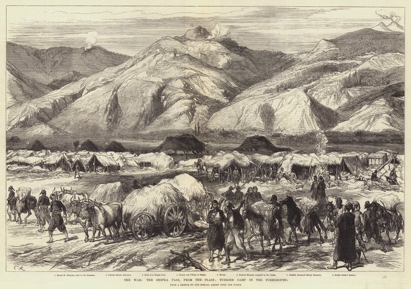 De oorlog, de Shipka-pas, vanaf de vlakte; Turks kamp op de voorgrond door Sir John Charles Robinson