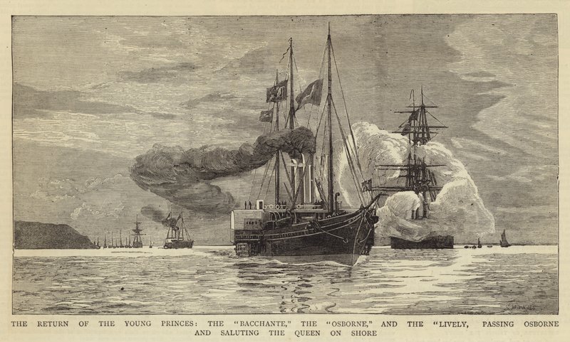 De Terugkeer van de Jonge Prinsen, de Bacchante de Osborne en de Lively, die Osborne Passeren en de Koningin aan de Kust Groeten door Charles William Wyllie