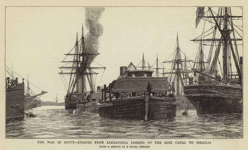 De Oorlog in Egypte, Motoren uit Alexandrië passeren het Suezkanaal naar Ismailia door Charles William Wyllie