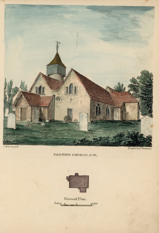 Zuidwestelijk uitzicht op de kerk van Tooting door Charles Burton