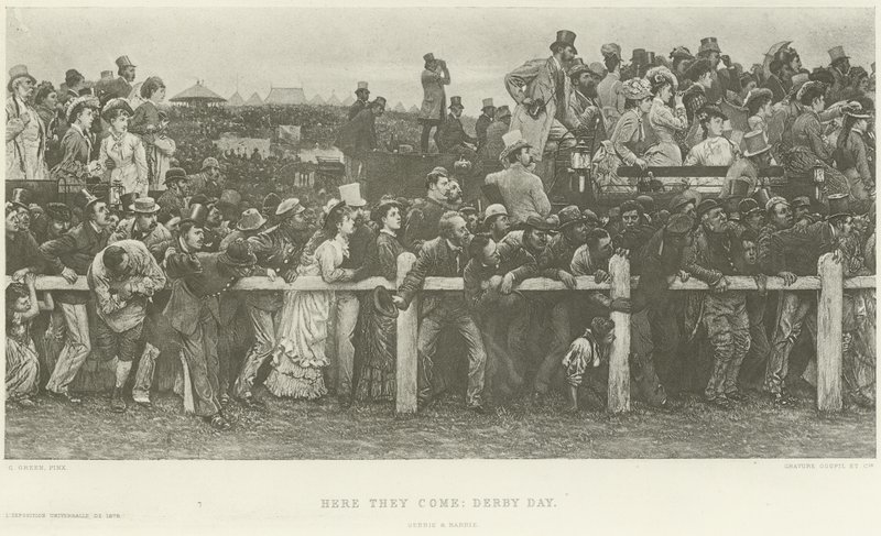 Daar komen ze: Derby Day (gravure) door Charles Green