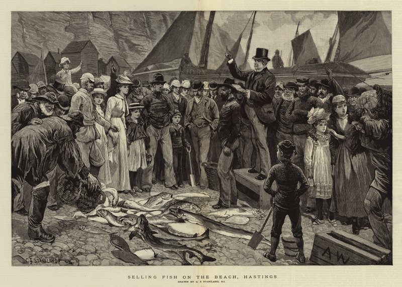 Vis verkopen op het strand, Hastings door Charles J. Staniland