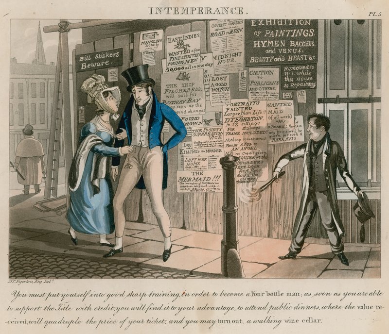 Onmatigheid; cartoon gepubliceerd in 1828 door Daniel Thomas Egerton