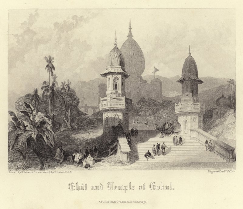 Ghat en tempel in Gokul door David Roberts