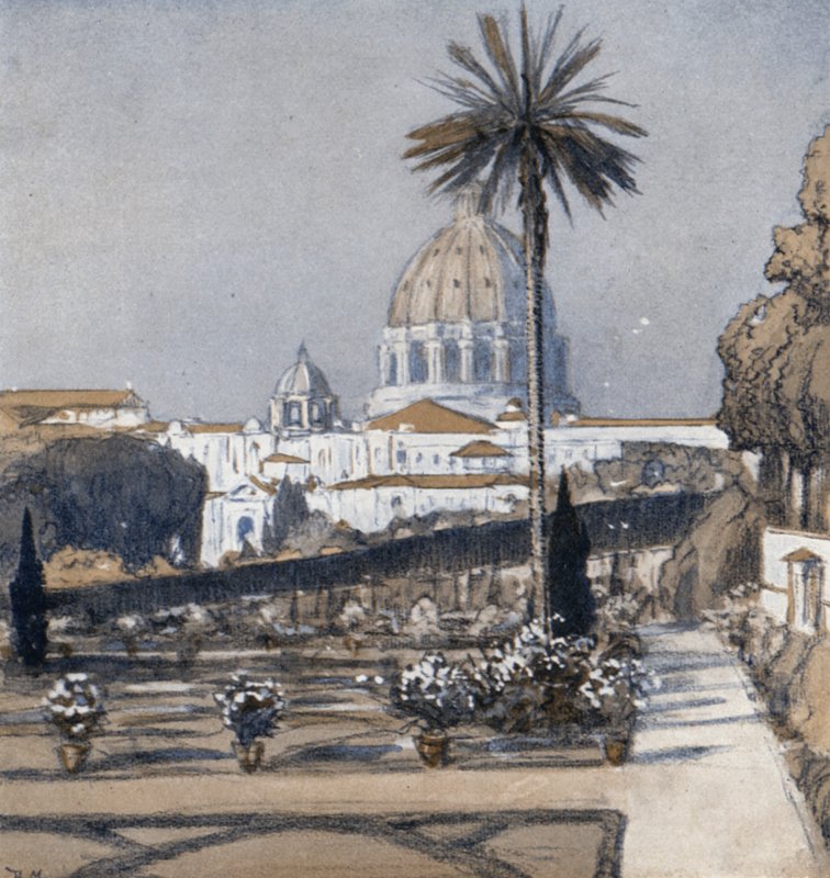 De Vaticaanse Tuinen (kleur litho) door Donald (after) Maxwell