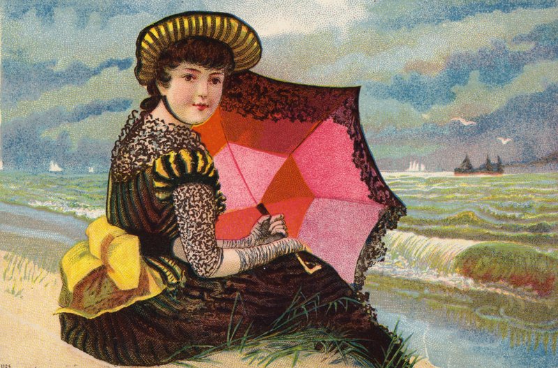 Nederlands meisje, met parasol, aan zee door Dutch School