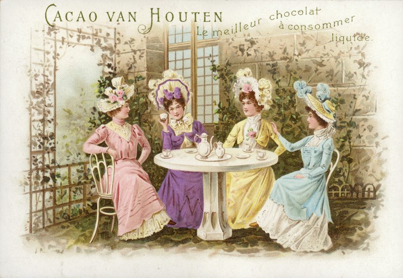Vrouwen in tuin, chocolademelk drinkend door Dutch School