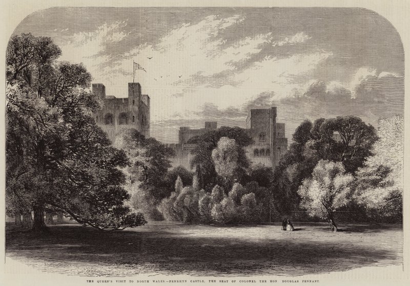 Het bezoek van de koningin aan Noord-Wales, Penrhyn Castle, de zetel van kolonel de eerwaarde Douglas Pennant door Edmund Morison Wimperis