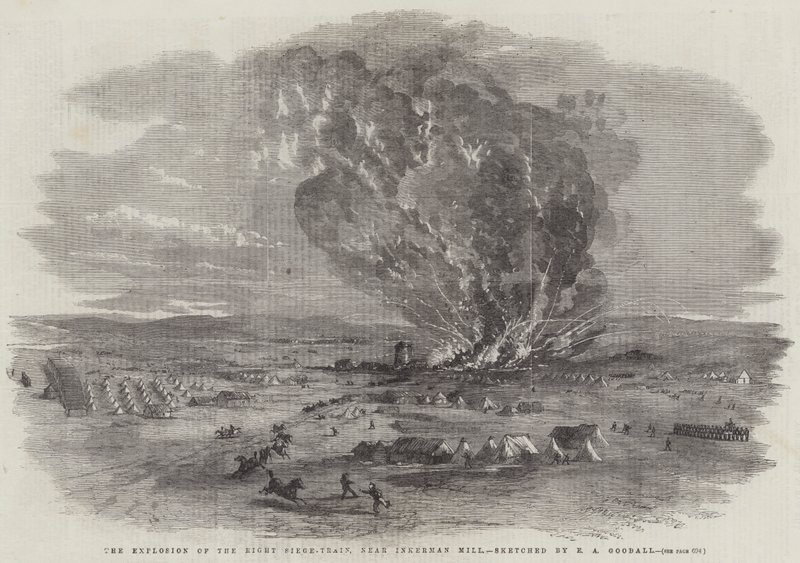 De Explosie van de Rechter Belegeringstrein, nabij Inkerman Mill door Edward Angelo Goodall