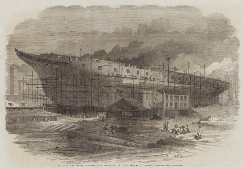 De bouw van de grote stoomfregat Warrior, bij de Thames Ironworks Blackwall door Edwin Weedon