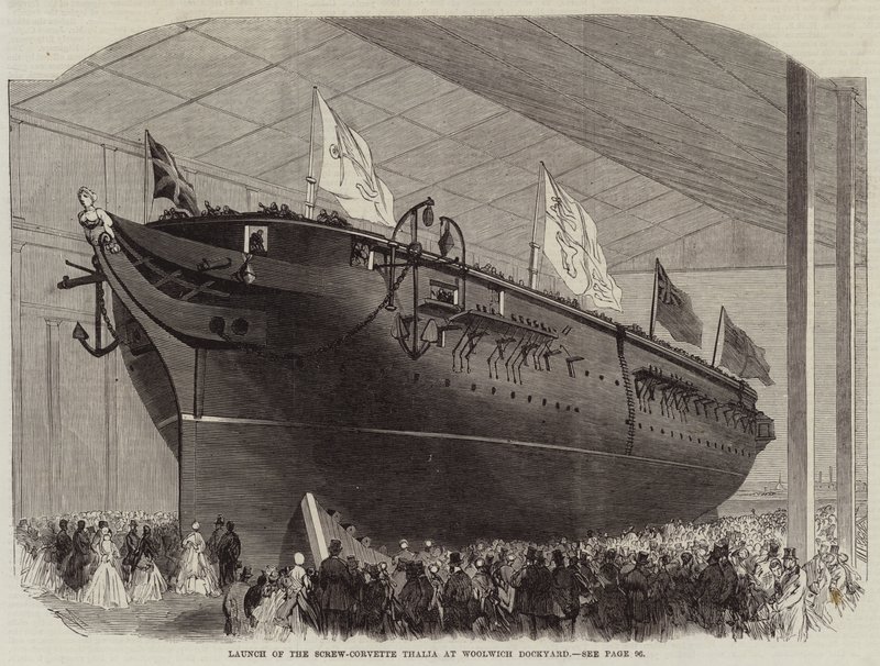 Te Water Laten van de Schroefkorvet Thalia in de Scheepswerf van Woolwich door Edwin Weedon