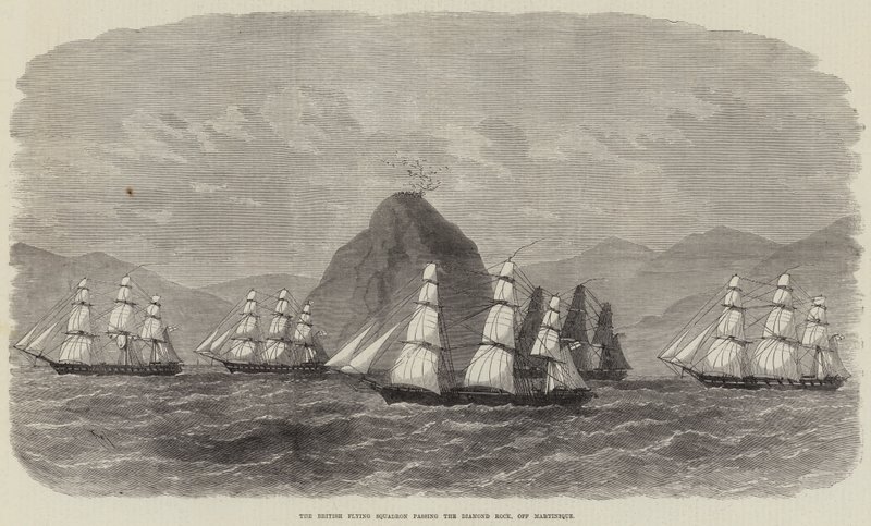 Het Britse vliegende squadron passeert de Diamond Rock, bij Martinique door Edwin Weedon