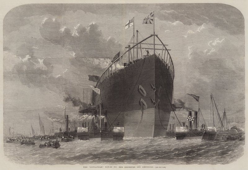 De Leviathan gesleept naar haar Ligplaats bij Deptford door Edwin Weedon