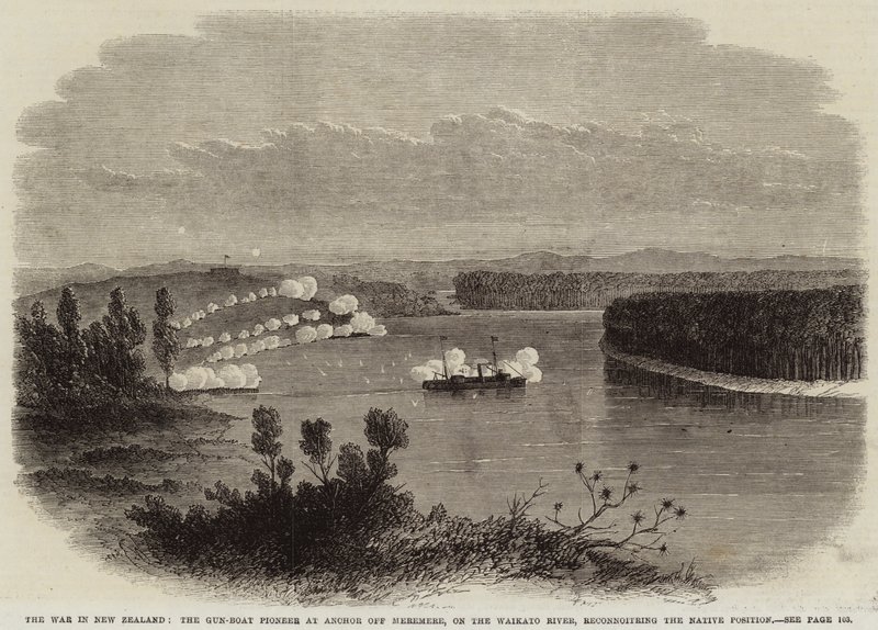 De oorlog in Nieuw-Zeeland, de kanonneerboot Pioneer voor anker bij Meremere, op de Waikato-rivier, verkenning van de inheemse positie door Edwin Weedon