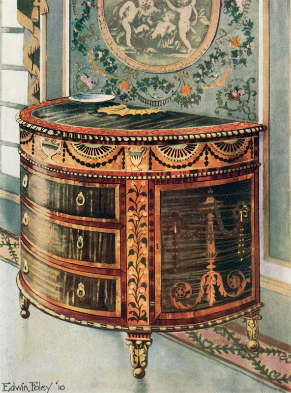 Ingelegd satijnen commode--Ormolu mounts door Edwin John Foley