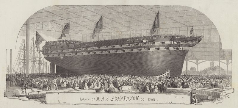 Lancering van HMS Agamemnon, 90 Kanonnen door Edwin Weedon
